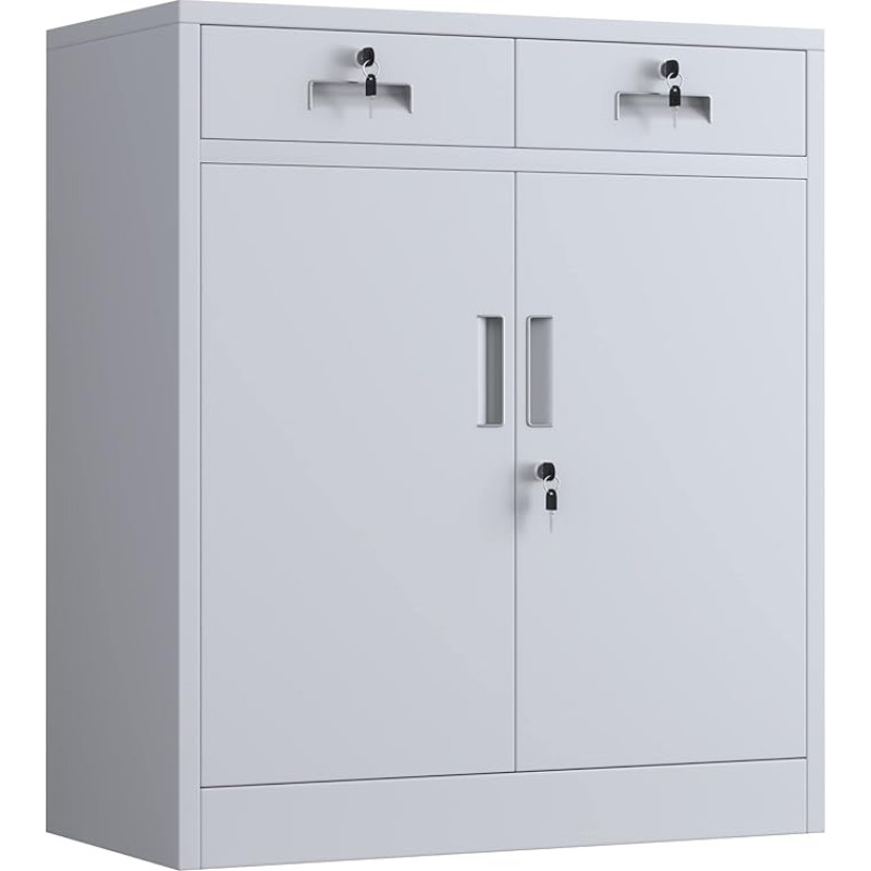 JINGUR Metal Storage Cabinet with Lockable Doors and 2 Drawers, Lockable Storage Cabinets with Adjustable Shelf for Home Office and Garage (White)