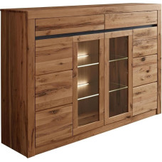 MASSIVMOEBEL24.DE Montreux Solid Highboard Natural, Oiled, 170 x 45 x 125 cm, 2 Glass Doors, 2 Wooden Doors, 2 Drawers, Living Room Cabinet, High Chest of Drawers