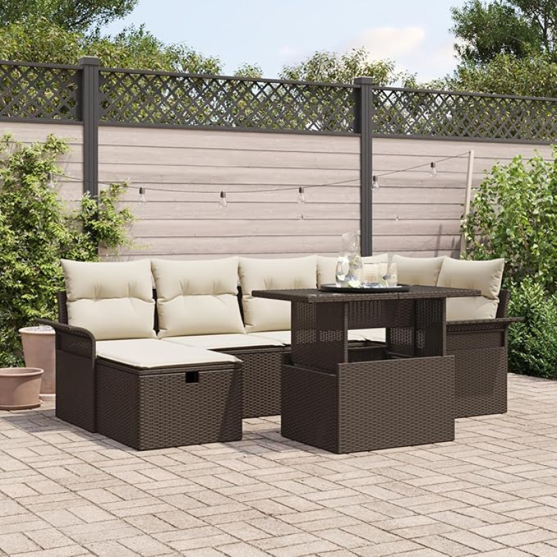 Rantry 7-teiliges Garten Sofa Set mit Kissen aus braunem Poly Rattan, 2-Sitzer Garten Sofa mit Stauraum & Kissen aus braunem Poly Rattan Gartenlounge Model3361007