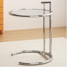 WEIDPHL Round Glass Side Table, Stainless Steel Side Table, Snack Side Table, Bedside Table, C-Shaped Side Table for Couch, Living Room, Bedroom, Clear