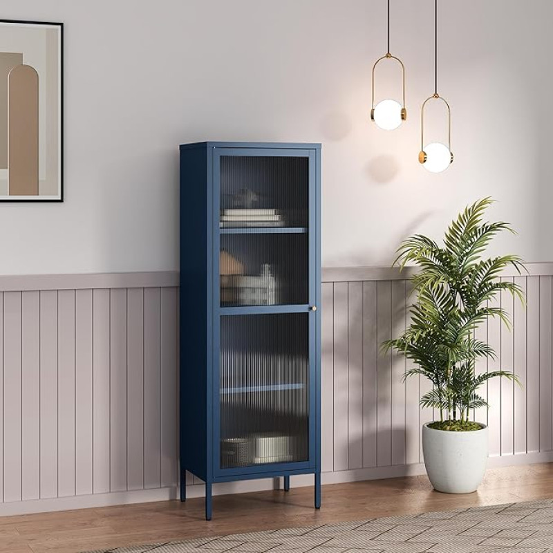 [en.casa] Säkylä Display Cabinet with 4 Shelves 150 x 50 x 35 cm Kitchen Cabinet with 1 Door Multi-Purpose Cabinet Display Cabinet Metal Cabinet Navy Blue