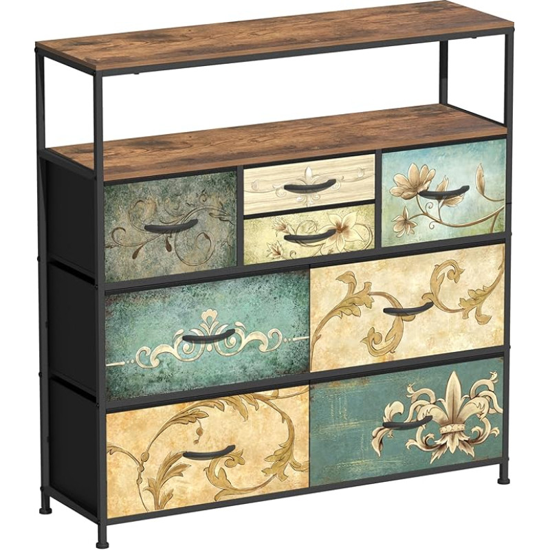 VEDECASA Chest of Drawers with 8 Drawers Made of Fabric, Bohemian Dressing Table, TV Cabinet Stand for Bedroom, Sideboard with Wooden Top, Fabric Drawers, Metal Frame, for Living Room, Bedroom