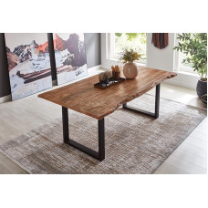 SAM Dora Dining Table 180 x 90 cm, Solid Mango Wood, Varnished and Natural-Coloured, Wane Table with U-Metal Frame in Matte Black, Real Wane, 26 mm