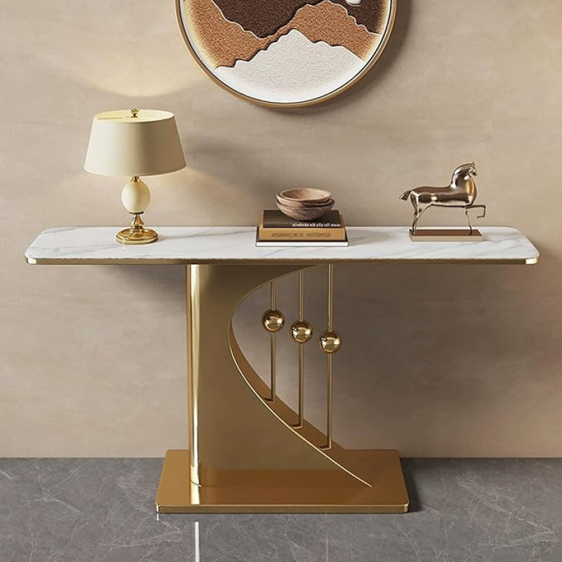 Narrow Console Table, Modern Entrance Table, Sofa Table for Hallway, with Storage Space, Foyer Table with Metal Base, Console, Table Decoration for Entryway, Living Room, Office (White+Gold, 120cm)