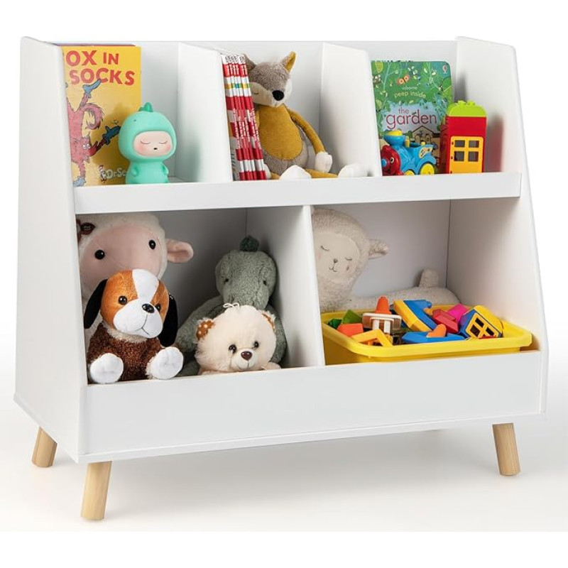 COSTWAY Children's Shelving Unit with 5 Open Compartments, Children's Bookcase with Solid Wood Legs & Tilt Protection, Toy Shelf for Children's Room, Playroom, Bedroom, White