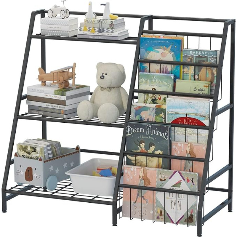 Montessori Children's Bookcase Metal Children's Shelf with 5 Compartments and 3 Shelves, Toy Shelf for Children's Room, 90 x 40 x 82 cm (Black)
