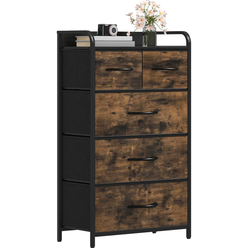 DWVO Chest of Drawers with 5 Fabric Drawers and Handles, Sturdy Steel Frame, Durable and Space Saving for Bedroom and Living Room, Rustic Brown