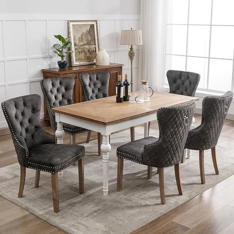 Merax Dining Room Chairs, Set of 6, Kitchen Chairs, Upholstered Chairs, Dining Chair, Modern Velvet Chair, Solid Wood Frame, Armrest Chairs for Dining Room, Living Room, with Velvet Cover, Grey