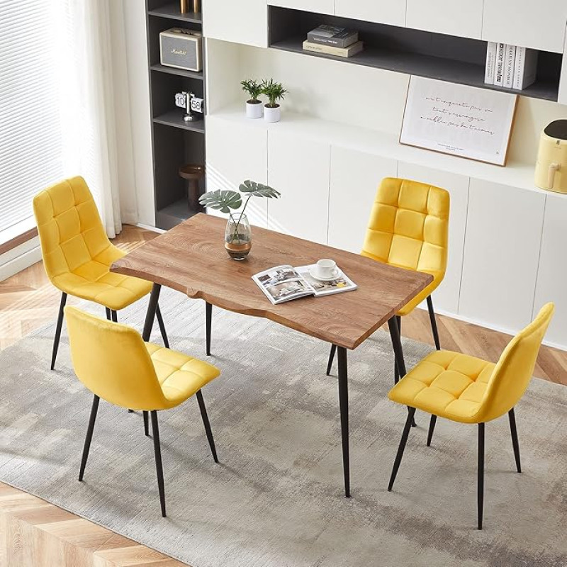 NORDICANA 5 Piece Dining Table Set, 47 Inch Modern Irregular Rectangular Kitchen Table & 4 Yellow Velvet Upholstered Side Chairs, Metal Legs, Dining Set for 4