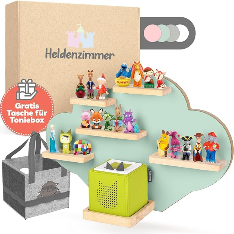 Heldenzimmer - Tonie Regal Cloud Green [Free Carry Bag] - For Toniebox Shelf up to 20 Figures - Girls and Boys - Perfect Tonie Storage in Children's Room
