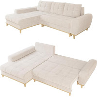 Modern Scandi Style Corner Sofa W 268/D175/H86 cm with Sleep Function, Storage Box, Ottoman Left, Feet and All-Round Bezel Made of Solid Wood, with Soft Bouclé Chenille Fabric in Beige / 21014