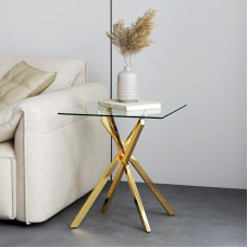 GOLDFAN Small Glass Side Table with Gold Legs for Living Room Square Side Table Modern Contemporary Bedside Table for Bedroom