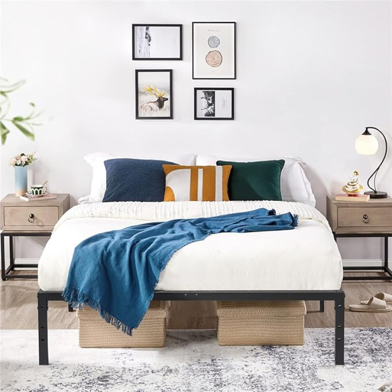 FurnitureR Bed Frame 140 x 194 cm Metal Bed Frame, Modern Youth Bed with Slatted Base, Double Bed, Single Bed, Black, 36 cm H, No Headboat