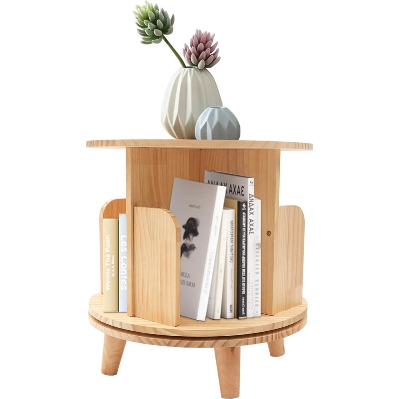 KLOOLIVE Solid Wood Rotating Bookcase Standing Shelf 1 Tier Bookcase 4 Compartments Mini Wooden Side Table