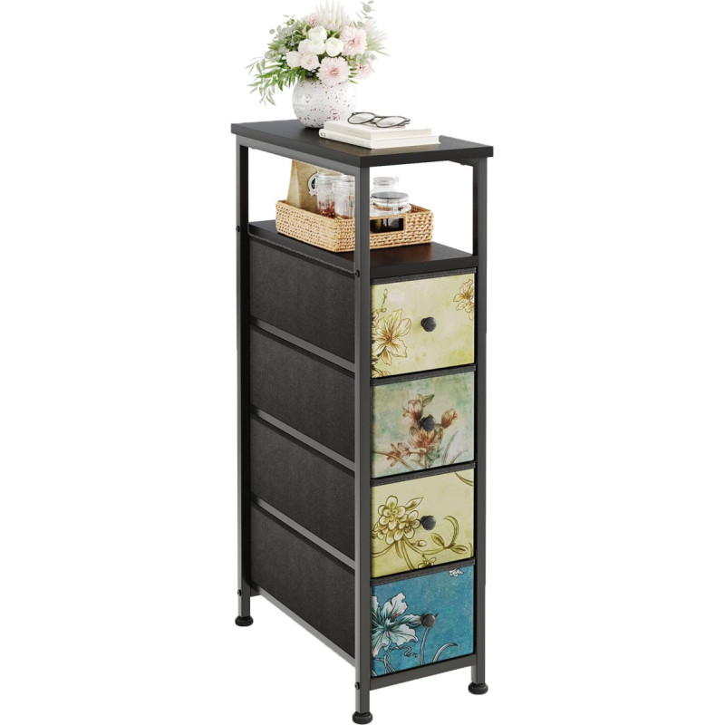 MUTUN Narrow Chest of Drawers with 5 Drawers, Bedroom Fabric Drawer with Wooden Top, Narrow Cabinet, Bedside Table, Organiser for Bathroom, Hallway, Living Room, Closet, Office, Black