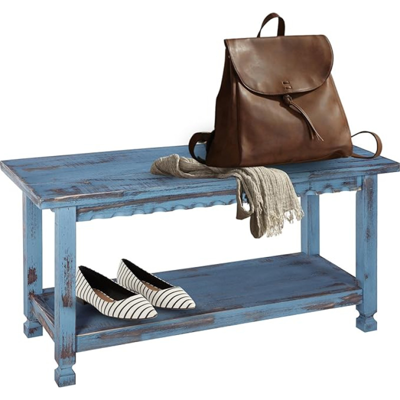 Alaterre Furniture Rustic Cottage Bench, Blue Antique Finish Bench, Wood, Antique Blue