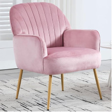 E-Motie Samt-Akzentstuhl, modern, gepolstert, Einzelsofa, Wohnzimmerstuhl, bequemer Barrel-Lesesesessel mit Metallbeinen, für Schlafzimmer, Wartezimmer, Büro und Café, Rosa