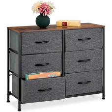 Relaxdays Chest of Drawers, H x W x D: 63 x 80 x 30 cm, Metal, Wood Look, 6 Fabric Drawers, Shelf, Modern Side Chest of Drawer