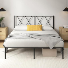 Zinus Elias Metal Bed Frame 140 x 190 cm with Headboard Easy Assembly Height 30 cm Black