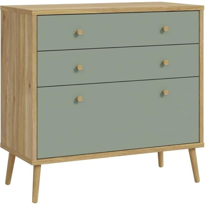 FORTE WHENUA Mid-Century Modern Chest of Drawers 90, Chest of Drawers with 3 Drawers, Sideboard, Composite Wood, Mauvella Oak Wood Decor, Sage, 88.8 cm Wide x 86.3 cm High x 41.5 cm Deep