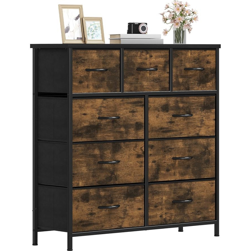 DWVO Chest of Drawers with 9 Drawers, Fabric Cabinet with Handles, Metal Frame & MDF Wooden Top, Durable, for Bedroom & Living Room, Rustic Brown