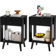 YMYNY Set of 2 Bedside Table, Bedside Table, Fabric Drawers and Open Compartment, Solid Wood Legs, Modern, Easy Assembly, for Bedroom, Living Room, Black, HST012B-2