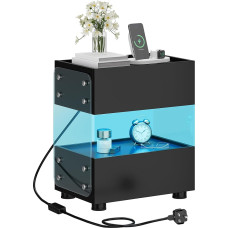 YITAHOME Bedside Table with LED Lights with 7 Color LED Light Bar, Modern Accent Side Cabinet, Bedside Table with Transparent Tempered Glass for Bedroom, Living Room, Black