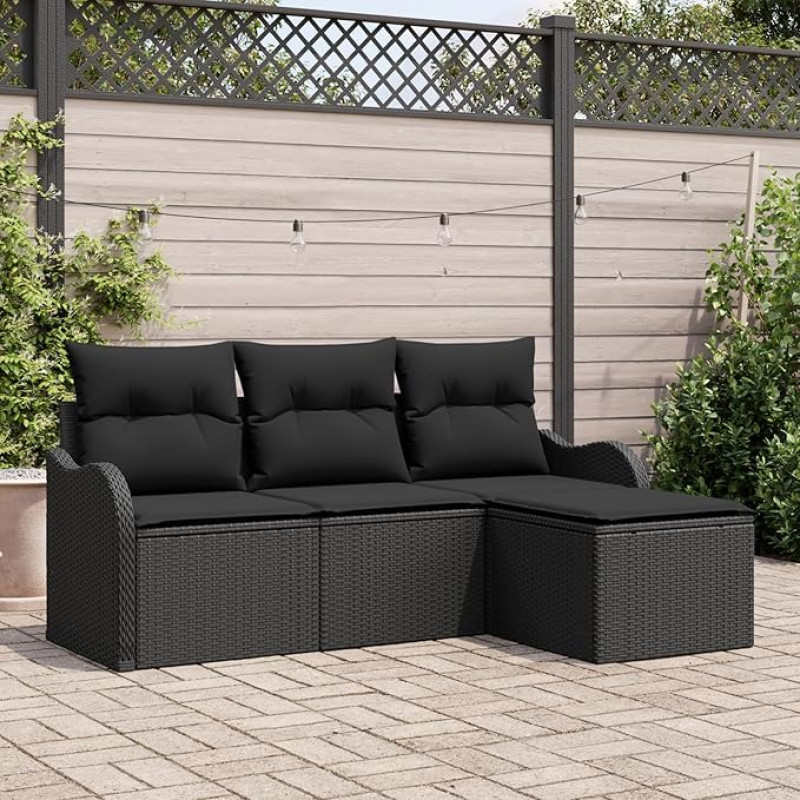 Rantry 4-teiliges Garten Sofa Set mit Kissen Schwarzes Poly Rattan, 2-Sitzer Garten Sofa mit Stauraum und Kissen Schwarzes Poly Rattan Gartenlounge Model3354322