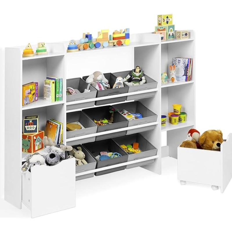 IDMarket - Mana Children's Storage Cabinet with 7 Shelves, 9 Fabric Boxes and 2 Cubes on Wheels, White