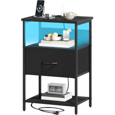 Somdot Bedside Table with Charging Function and LED, Side Table Black with 1 Fabric Drawer, 2 Sockets, 2 USB, Bedside Cabinet for Bedroom, Bedside Table with Open Shelf