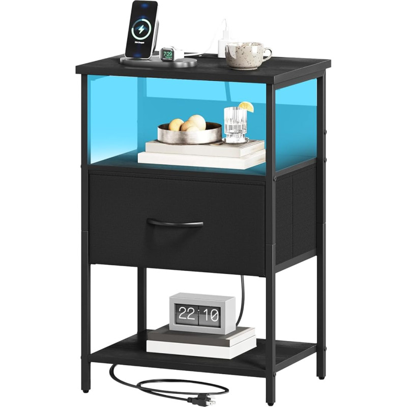 Somdot Bedside Table with Charging Function and LED, Side Table Black with 1 Fabric Drawer, 2 Sockets, 2 USB, Bedside Cabinet for Bedroom, Bedside Table with Open Shelf