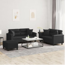 Homgoday Black Faux Leather 3 Piece Sofa Set with Cushions