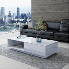 Senvoziii Coffee Table for Living Room, Modern Wooden Side Table, White High Gloss Coffee Table with 1 Drawer and Open Shelf for Home Office