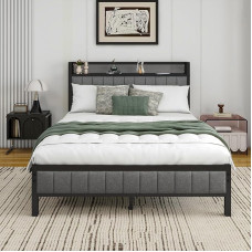 Diahomy Double Bed Frame with Bed Headboard, Padded Platform Bed Frame/Mattress Foundation/Metal Slat Support/No Box Spring Required/Dark Grey