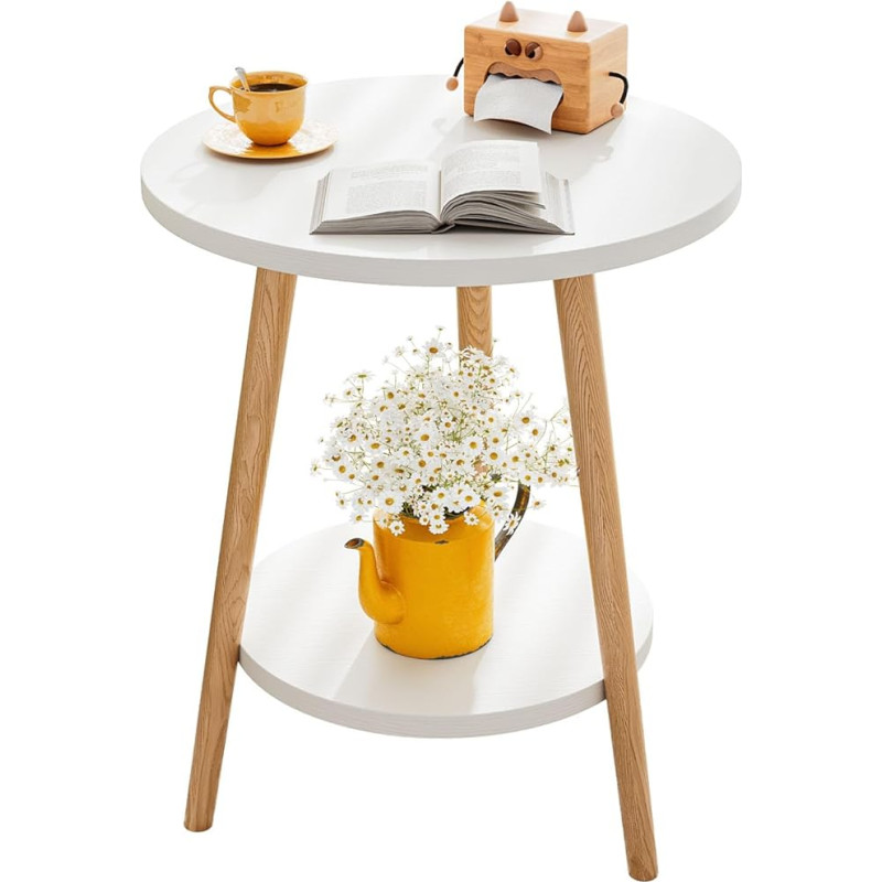 Uptyia Side Table 2 Tier White Round Coffee Table Diameter 38 x 55 cm Modern Living Room Bedroom Easy to Assemble Minimalist Style