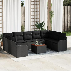 Rantry 10-teiliges Garten Sofa Set mit Kissen Schwarz Poly Rattan Akazie, 2-Sitzer Garten Sofa mit Kissen Schwarz Poly Rattan Gartenlounge Model3347499