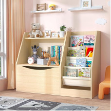 TOETOL Kids Bookcase with 2 Tiers, Bookcase with 4 Loops, Toddler Bookcase, Storage Boxes, Bookcase and Organizer for Kids Room, Playroom, Classroom, Library