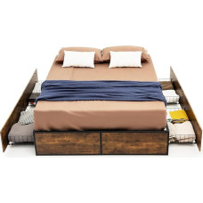 FANTASK Storage Bed with 4 Drawers, Double Metal Frame Bed with Wooden Base & Slatted Base