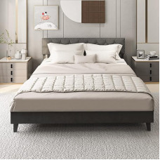 COSTWAY Upholstered Bed 200 x 180 cm, Double Bed with Slatted Frame & Headboard, Padded Bed Frame, Platform Bed for Adults & Teenagers