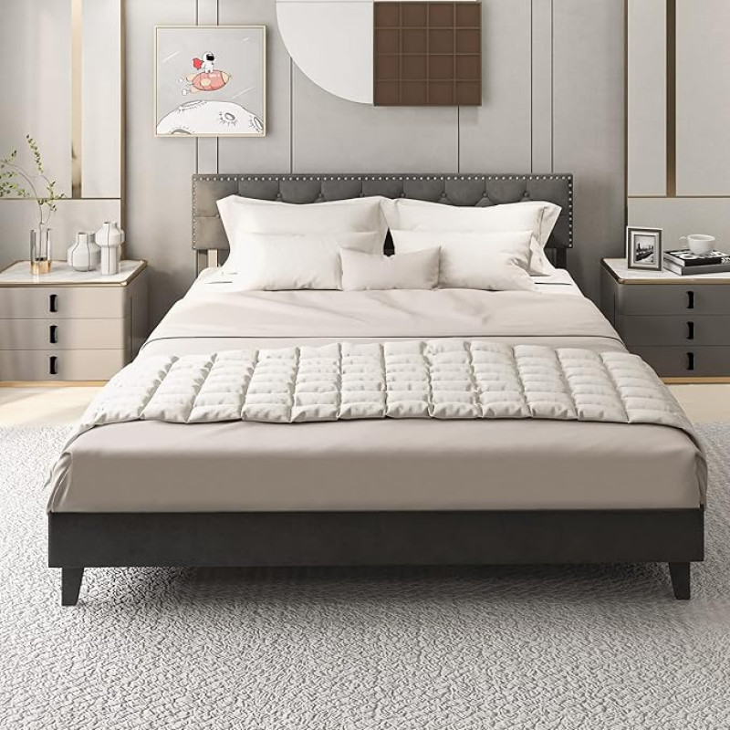 COSTWAY Upholstered Bed 200 x 180 cm, Double Bed with Slatted Frame & Headboard, Padded Bed Frame, Platform Bed for Adults & Teenagers