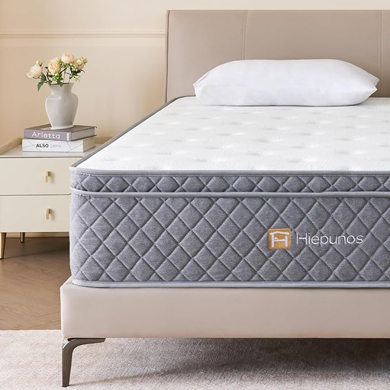 Hiepunos Double Mattress 215cm Breathable Foam Soft Fabric Custom Pocket Spring Medium Firm for Pressure Relief, Motion Isolation, 135 x 190 x 22 cm