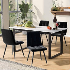 Merax Dining Group with 4 Chairs, Kitchen Table Set, Extendable Dining Room Table with Velvet Dining Room Chairs, 140/180 x 80 x 75 cm, Dining Table with 4 Chairs, for 4-6 People (White + Black)