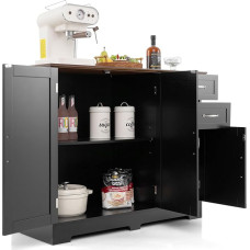 GOPLUS Sideboard Kitchen, Kitchen Cabinet with Doors & 2 Drawers, Buffet Cabinet with Worktop & Adjustable Shelf, Storage Cabinet for Kitchen & Living Room, 100 × 40 × 78 cm (Black)