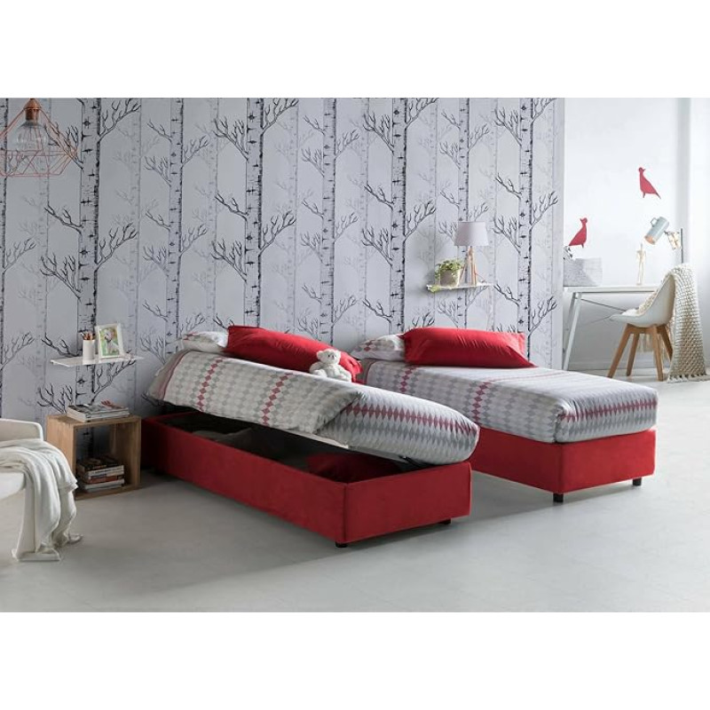 Talamo Italia - Diana Single Bed with Fabric Covering, 100% Made in Italy, Side Opening, Includes Mattress 80 x 190 cm, Red