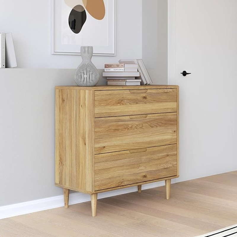 Forte Sherbrooke Easy Assembly with EasyKlix Chest of Drawers: Mauvella Oak, Tall Wooden Feet, Sideboard with 3 Drawers, Mid Century Style, 90 cm Wide x 93 cm High x 43 cm Deep