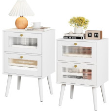 RRX Wooden Bedside Table with Charging Station, Bedside Table with Glass Door Drawer, 2 Tier Side Table Storage, Side Table for Bedroom, Set of 2