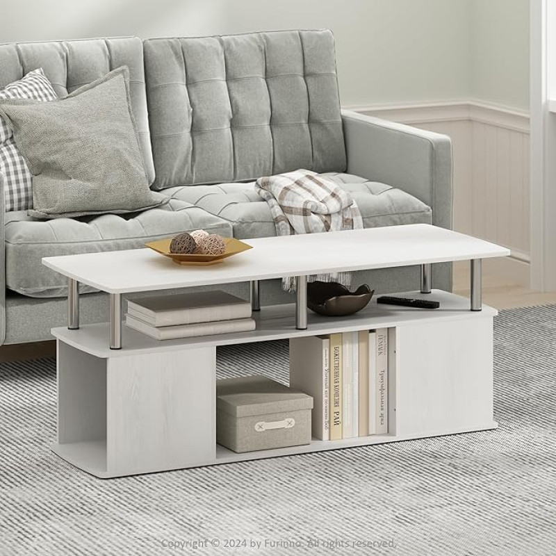 Furinno Jaya Coffee Table in Functional Design, White Oak, Stainless Steel Tubes