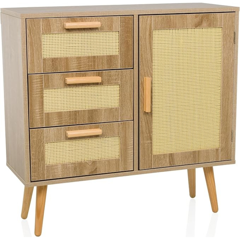hjh LIVING Stryn Chest of Drawers with Rattan Wicker with 1 Door and 3 Drawers for Living Room Bedroom Hallway Light Brown 80 x 32.5 x 78 cm