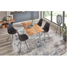 SAM Laxmi Dining Set 5-Piece 160 x 85 cm Solid Acacia Wood Natural Coloured Wane Table with Four Metal Legs in Silver + 4 x Lark Chair in Black, FSC® 100% Certified