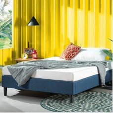 Zinus Curtis 135 x 190 cm Upholstered Bed Frame, 135 x 190 cm, Wooden Slatted Base, Easy Assembly, Navy
